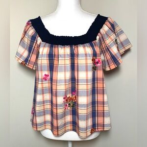 English Factory Embroidered Plaid Flutter Sleeve Top Women Small